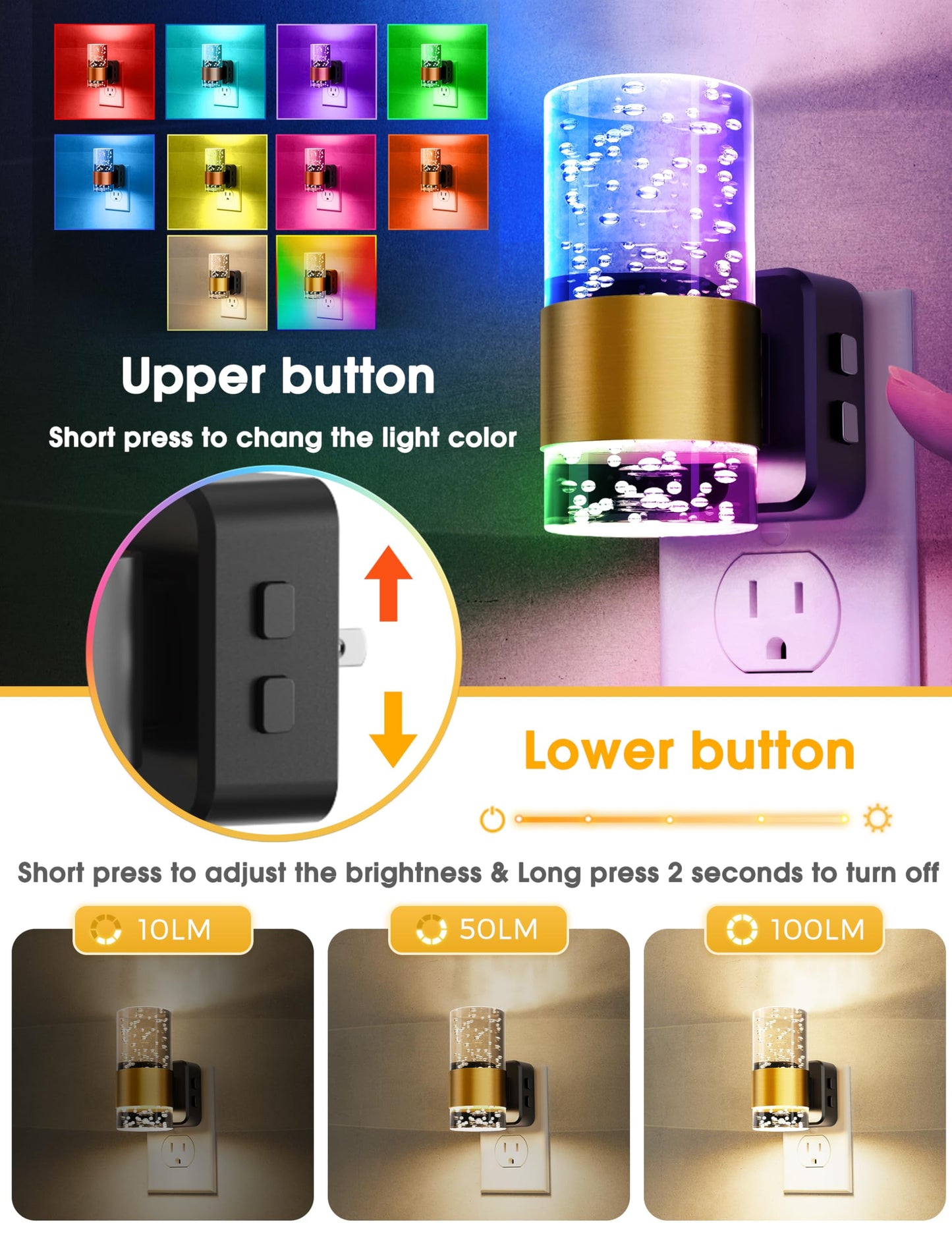 L LOHAS LED Night Lights, Color Changing, Dusk to Dawn Sensor, Adjustable Brightness, 2 Pack, Gold Ring-RGB