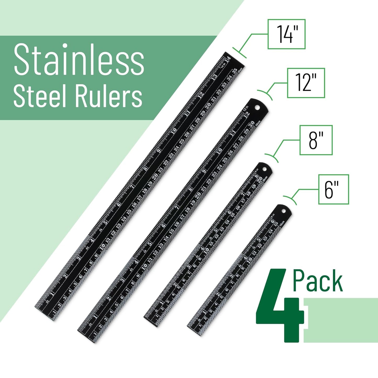 Mr. Pen- Stainless Steel Ruler, 4 pcs, 6", 8", 12", 14", Black, Imperial & Metric Measurements, Metric Metal Ruler Set, mm Ruler, Metal Rulers, Small Metal Ruler Metal Straight Edge, Centimeter Ruler