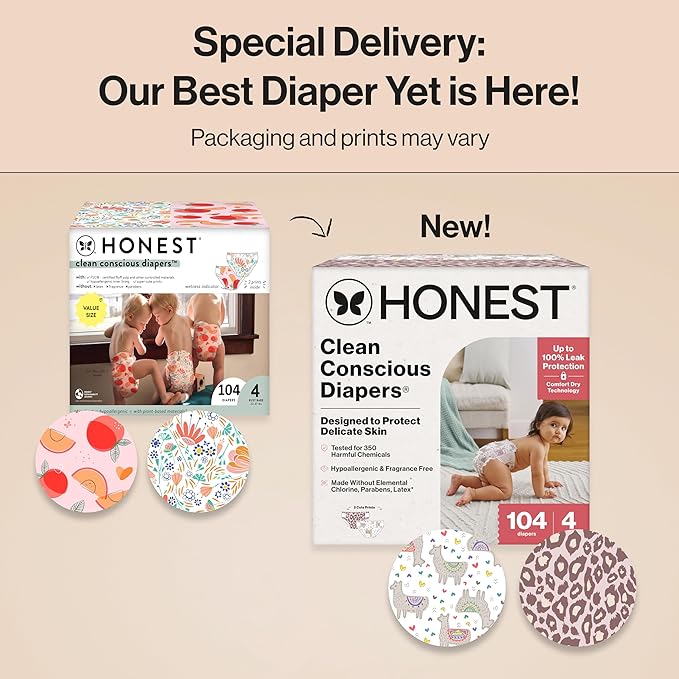 The Honest Company Clean Conscious Diapers for Delicate Skin, Up to 100% Leakproof Hypoallergenic Fragrance-Free Baby Diapers, Girl Prints, Super Club Box, Size 4 (22–37 lbs), 104 Count (Prints Vary)
