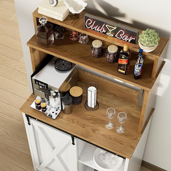 Farmhouse Coffee Station with 3 Tier Storage Hutch & 6 Hooks - 56 Inch Small Coffee Bar Table with Adjustable Shelves for Living/Dining Room