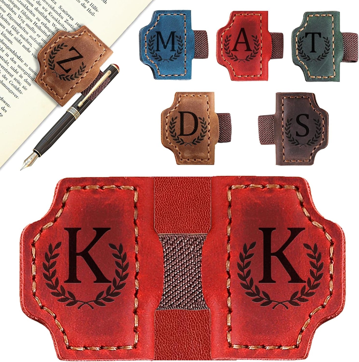 Bygone Mark Bookmark with Pen Holder, 26 Letters Name Initial Personalized Magnetic Bookmarks, Leather Book Mark for Men Women, Travelers Accessories, Teachers Readers Book Lovers Gifts (Red, K)