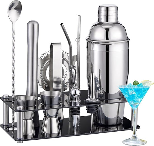 Cocktail Shaker Set Bartender Kit : 15-Piece Stainless Steel Bartender Kit with Acrylic Stand Bars Set with All Practical ...