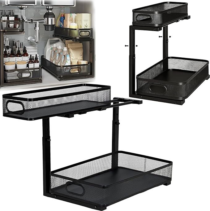 2 Pack Under Sink Organizer, Dual-Layer Pull Out Mesh Cabinet Rack with 5-Level Height Adjustment, Rust-Resistant Sliding Storage for Bathroom & Kitchen, Multi-Purpose 2-Tier Shelf(Black)