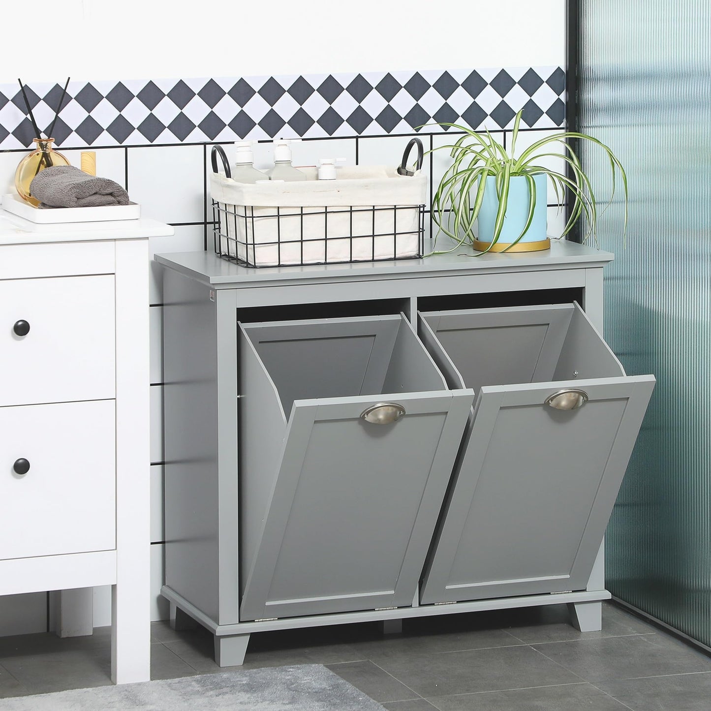 Modern Tilt-Out Laundry Sorter Cabinet, Bathroom Storage Organizer with Two-Compartment Tilt-Out Hamper,for Kitchen Home