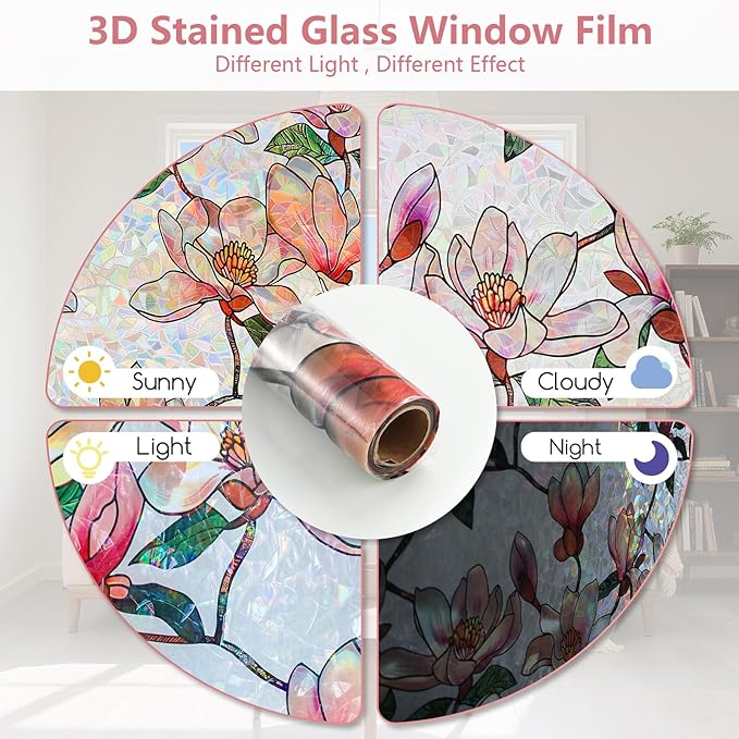 Kromapolis Window Privacy Film, Stained Glass Sticker Floral Window Clings, Decorative Static Clings UV Blocking Colorful Decals, Removable Vinyl Covering Rainbow Magnolia Flowers, 17.5'' x 157.4''