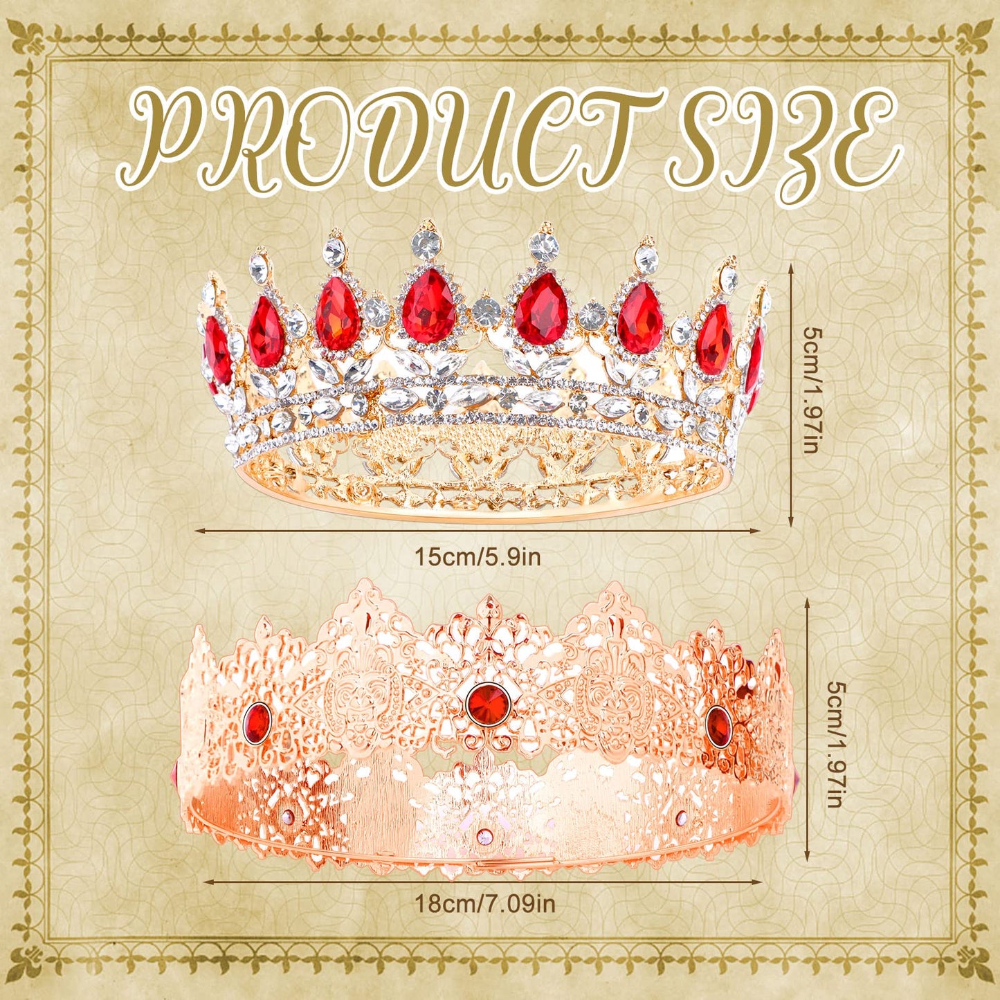 2 Pieces Antique Royal King Crown for Men Baroque Queen Crown for Wedding Birthday Women Crystal Tiara Prom Accessories Graduati