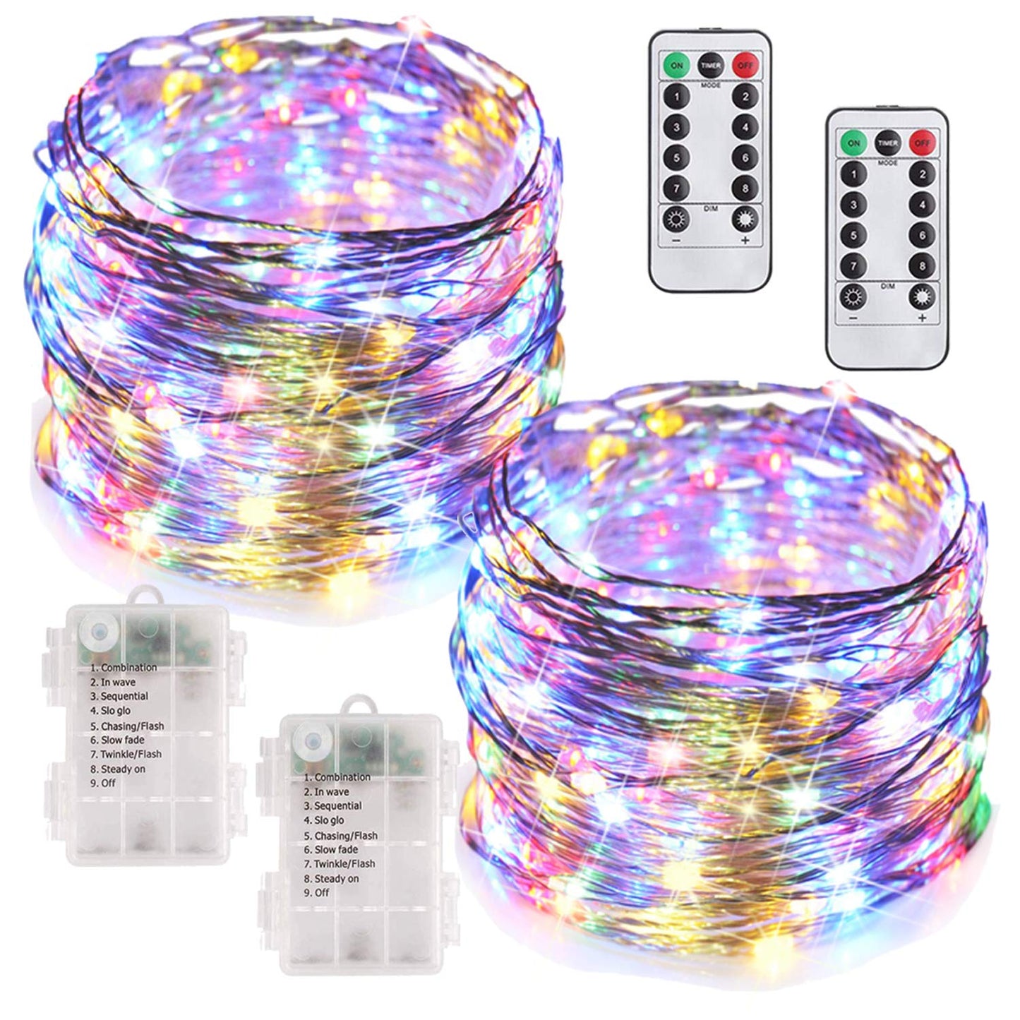 MUMUXI Fairy Lights, 2 Pack 33 Ft 100 LED, Battery Operated, Waterproof, Warm White, Remote Control, 8 Modes