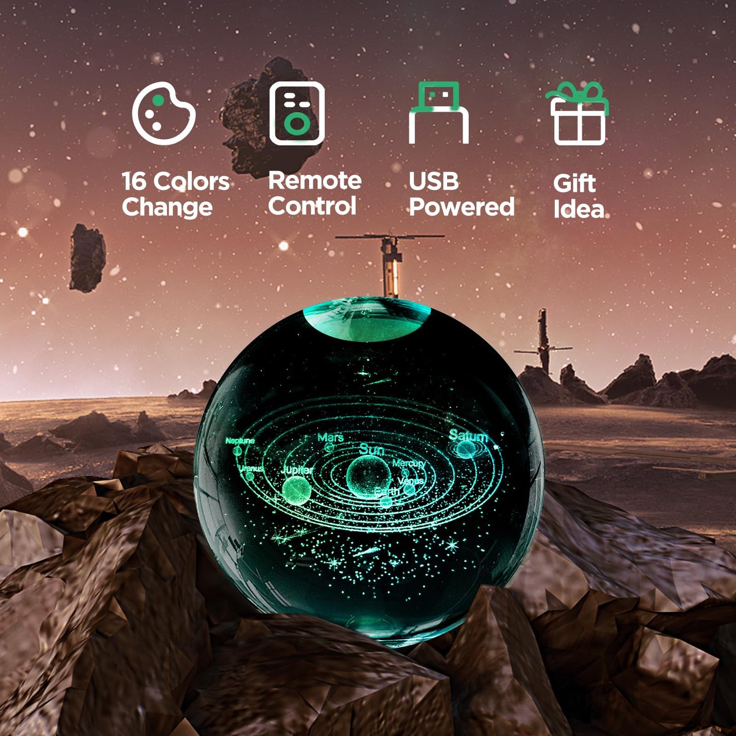 3D Solar System Crystal Ball Night Light With 16 Color Wooden Led Base Upgraded 3.15 In Galaxy  ts Ball Lamp With Remote For Birthday Christmas  Astronomy Space Gifts For Boys Girls Kids