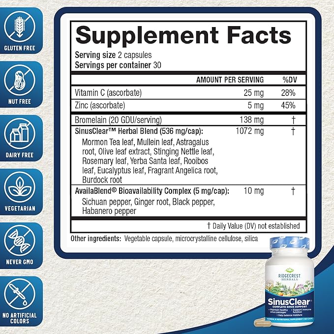 RidgeCrest Herbals SinusClear, Complete Formula for Sinus and Nasal Health with Mullein Leaf, Bromelain, Vitamin C, and Zinc, for Healthy Mucus, Immune & Respiratory Support, (60 Veg Caps, 30 Serv)