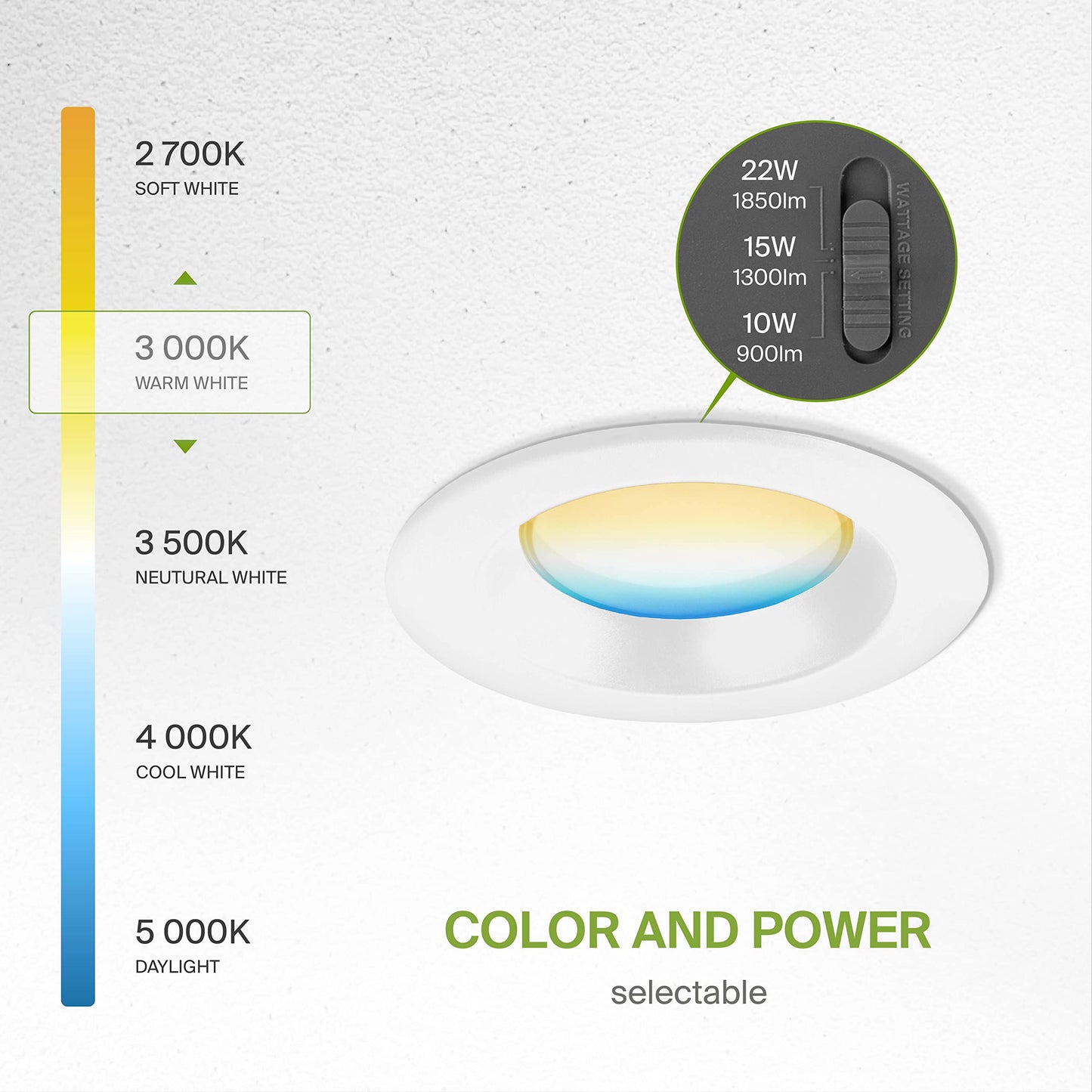 Asd 6 Inch Commercial Canless Led Downlight  Power Adjustable 10/15/22W Lighting  Round Dimmable Recessed Ceiling Light Fixture  5 Color Temperatures 2700K-5000K  120-277V Ic Rated Ul & Energy Star