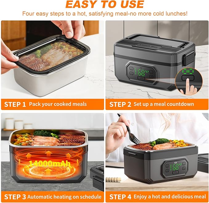 VVU&CCO Portable Electric Lunch Box for Adults with Timer,Rechargeable Self Heating Lunch Box for Men with 1.6L SS Container,24,000mAh Battery Powered, Convenient for Work/Travel/Camping