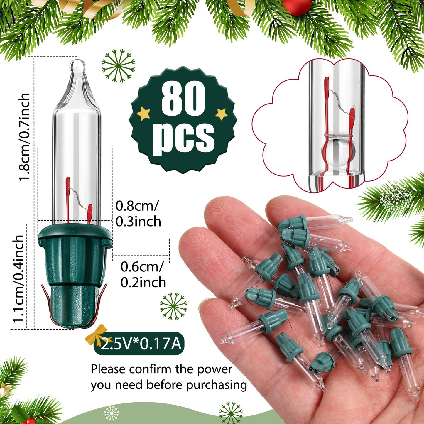 Mudder 80 Count Christmas Replacement Mini Light Bulbs With Base Christmas Tree Incandescent Wire String Lights Replacement Bulbs For Xmas Indoor Outdoor Decor (Warm White 2.5Vx0.17A)