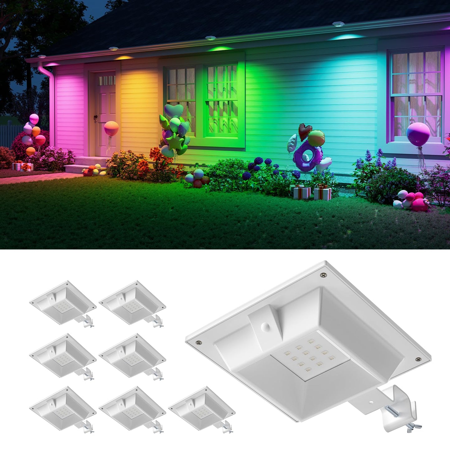 FALOVE Color Changing Solar Gutter Lights, 12 LED, Waterproof, White Shell - 8 Pack, RGB, Model CA-FA0416-RGB-8P