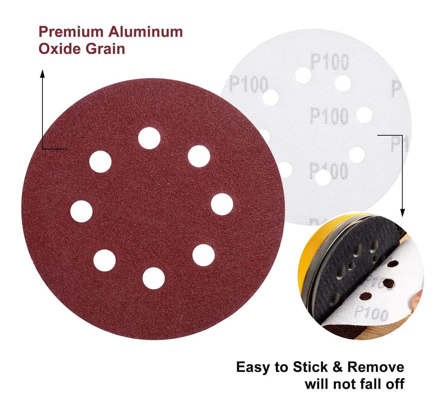 S SATC 150 Pcs Hook and Loop Adhesive Sanding Discs 5 Inch 8 Hole Sandpaper 100 Grit Aluminum Oxide Sander Pads for Random Orbital Sander