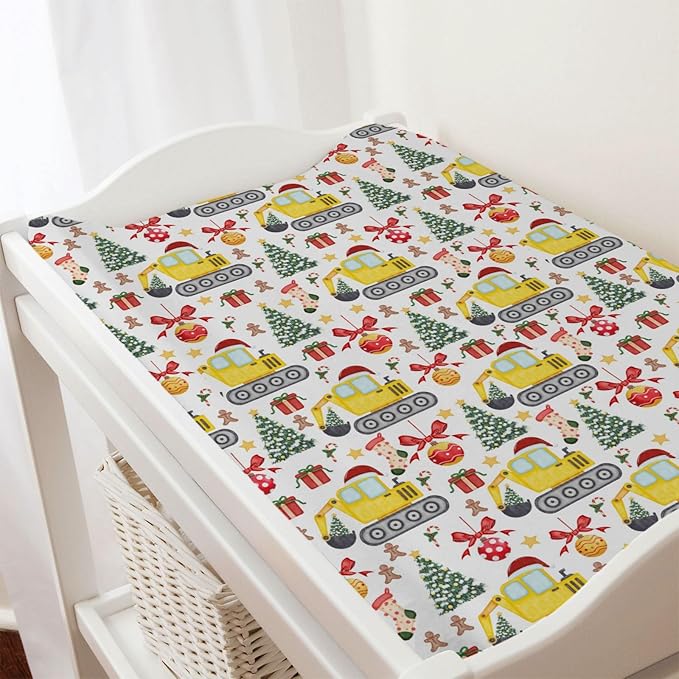 Christmas Truck Excavator Tractor Changing Pad Cover Construction Trucks Fitted Baby Change Table Sheets for Boys Girls Soft Winter Xmas Gift Stretch Fitted Changing Table Mats Cover 32''x16''