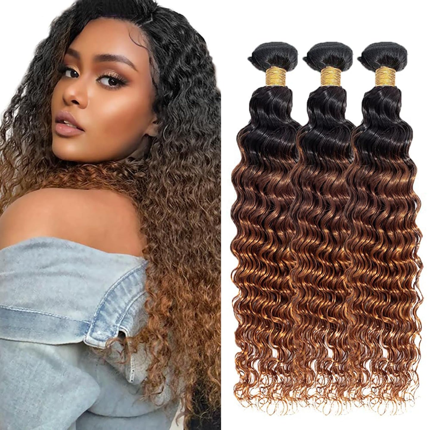 Lagalaga Bundles Human Hair 16 18 20 Inch Omber Deep Wave Human Hair Bundles Natural Chocolate Brown T1B/4/30Unprocessed Brazili