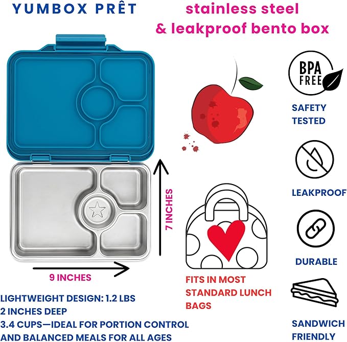 Yumbox Prêt Stainless Steel Bento Box – Leakproof, Reusable Lunch Container for Kids & Adults – Sandwich & Snack Friendly, BPA-Free, Durable Food Box (Normandy Blue)
