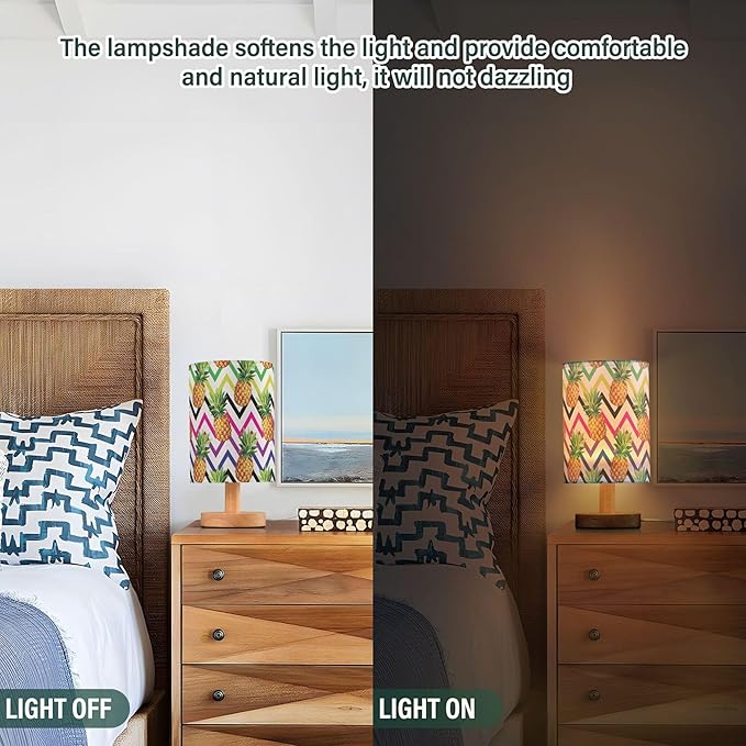 Table Lamp Pineapple Fruit Colorful Geometric Chevron Nightstand Lamp with Wood Base Fabric Lamp Shade Bedside Desk Lamp for Living Room Bedroom Kids Room Office