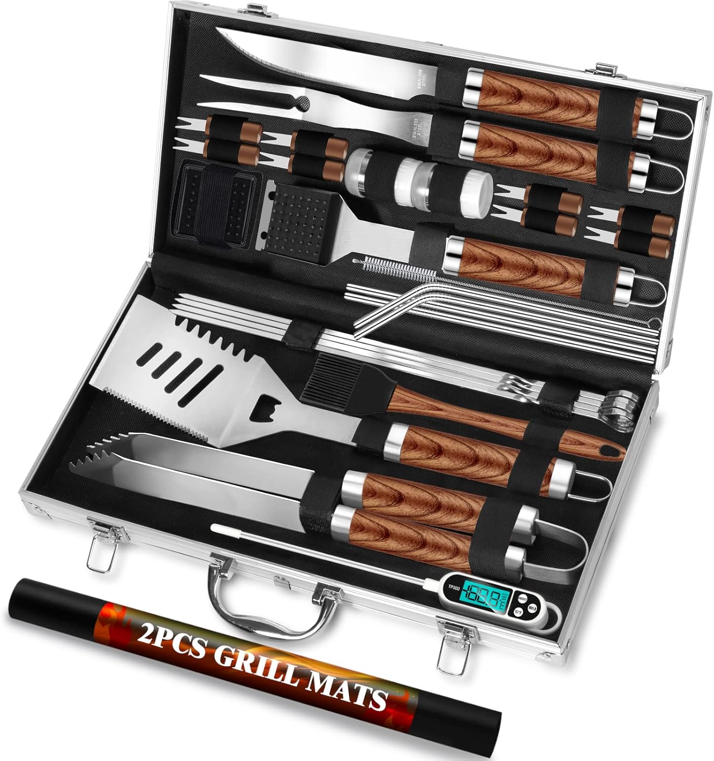 ROMANTICIST 30pcs BBQ Grill Tool Set for Men Dad, Heavy Duty Stainless Steel Grill Utensils Set, Non-Slip Grilling Accessories Kit with Thermometer, Mats in Aluminum Case for Fathers Day Brown