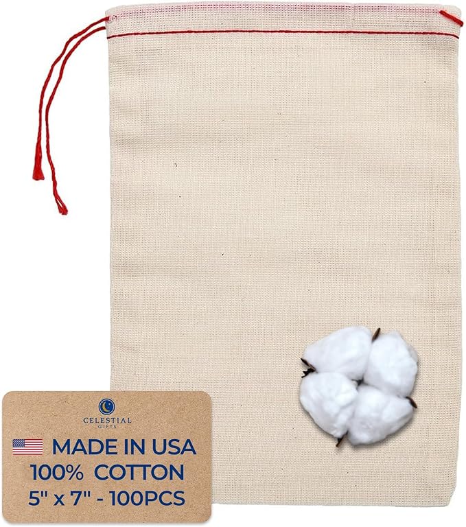 Celestial Gifts Muslin Bags - 100% Cotton Drawstring Bags Medium 100pcs, 5x7, Reusable Tea, Coffee, Jewelry, Gift, Spice Pouch and Sachet Bag - Made in USA - (Red Hem and Drawstring)