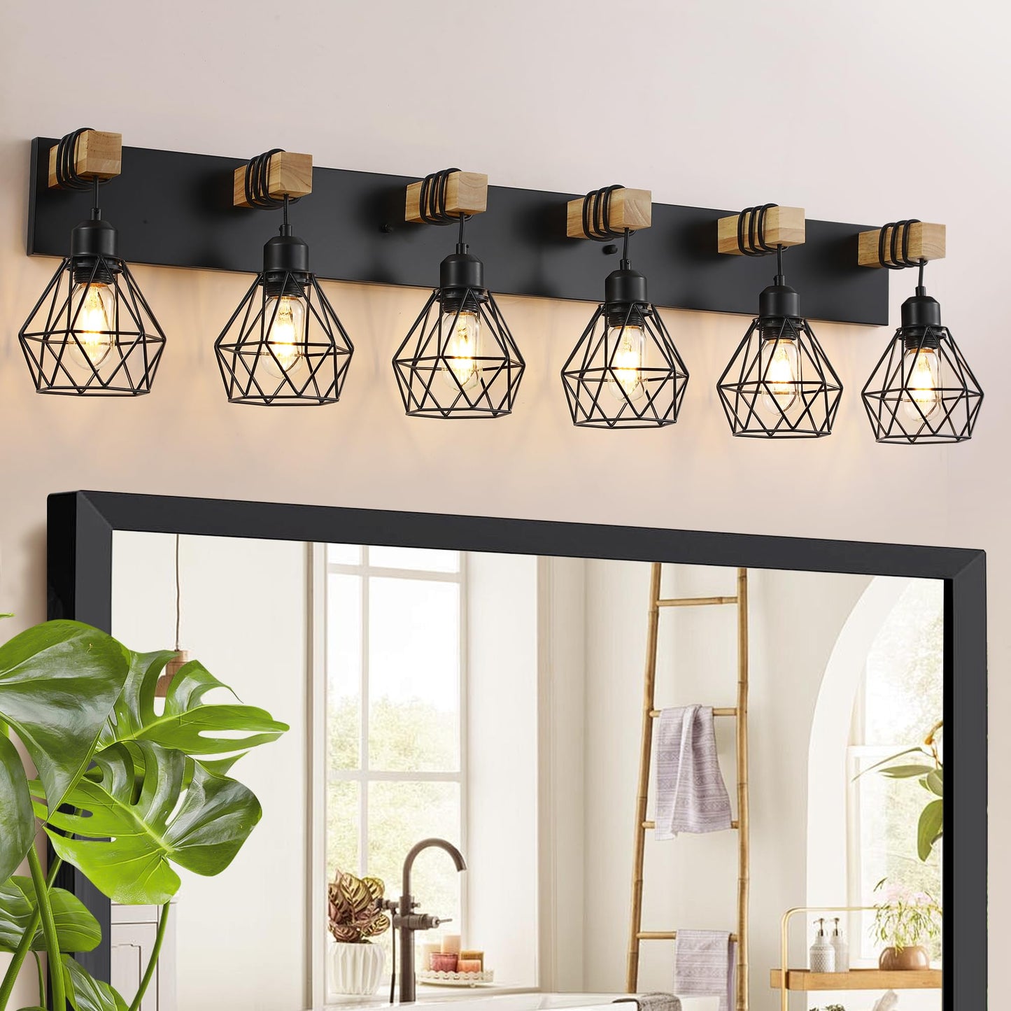 Farmhouse Bathroom Vanity Light Fixtures  6-Light Wood Bathroom Light Fixtures Over Mirror  Rustic Sconces Wall Lighting With Elegant Metal Lampshade For Living Room  Bedroom  Hallway