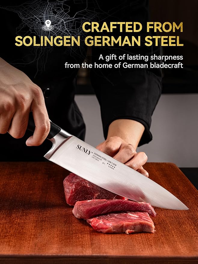 SUNLY 8 Inch Chef Knife – Full-Tang Professional Kitchen Knife, German DIN 1.4116 Stainless Steel, 58±2 HRC Hardness, Triple-Honed Blade, Anti-Slip Handle, Premium Box for Christmas Gifts