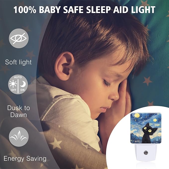 Starry Night Black Cat Night Lights Plug into Wall for Girls Boys Room, Night Lights LED Lamp with Dusk to Dawn Sensor Nightlight for Bedroom Kitchen Bathroom Hallway Home Wall Decor