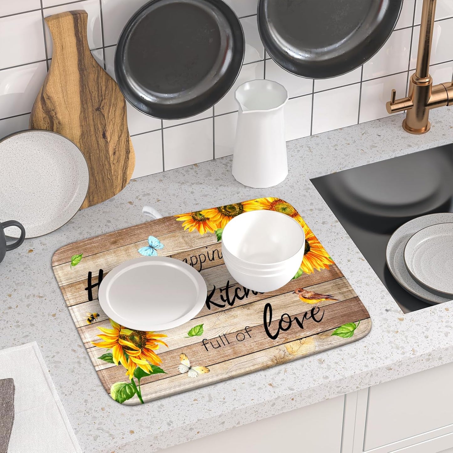 Sunflower Floral Dish Drying Mat for Kitchen Countertop 16x18 inch Rustic Wood Washable Microfiber Absorbent Dishes Drainer Rack Pad