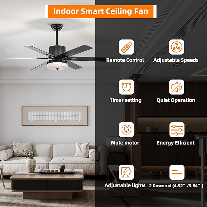 NicBex Ceiling Fan 52 Inch Stylish Design Ceiling Fan with Lights Ceiling Fans with 6 Blades and Remote Control Reversible Ceiling Fan for Bedroom, Living Room, Matte Black