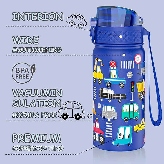 Kids Water Bottle, GOPPUS 14 oz Insulated Water Bottle with Straw, Double Vacuum Leakproof, BPA Free, for Boys and Girls, Blue Construction Truck