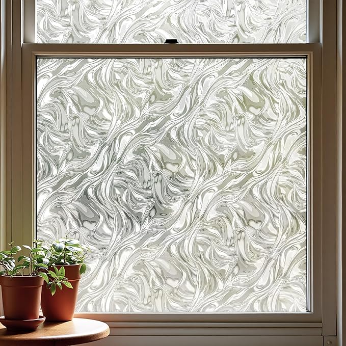 Window Privacy Film, Removable Static Cling, Stained Glass Decorative Window Film, Vinyl Covering for Home Kitchen Living Room, Ocean Current, 17.3" x 78.7"