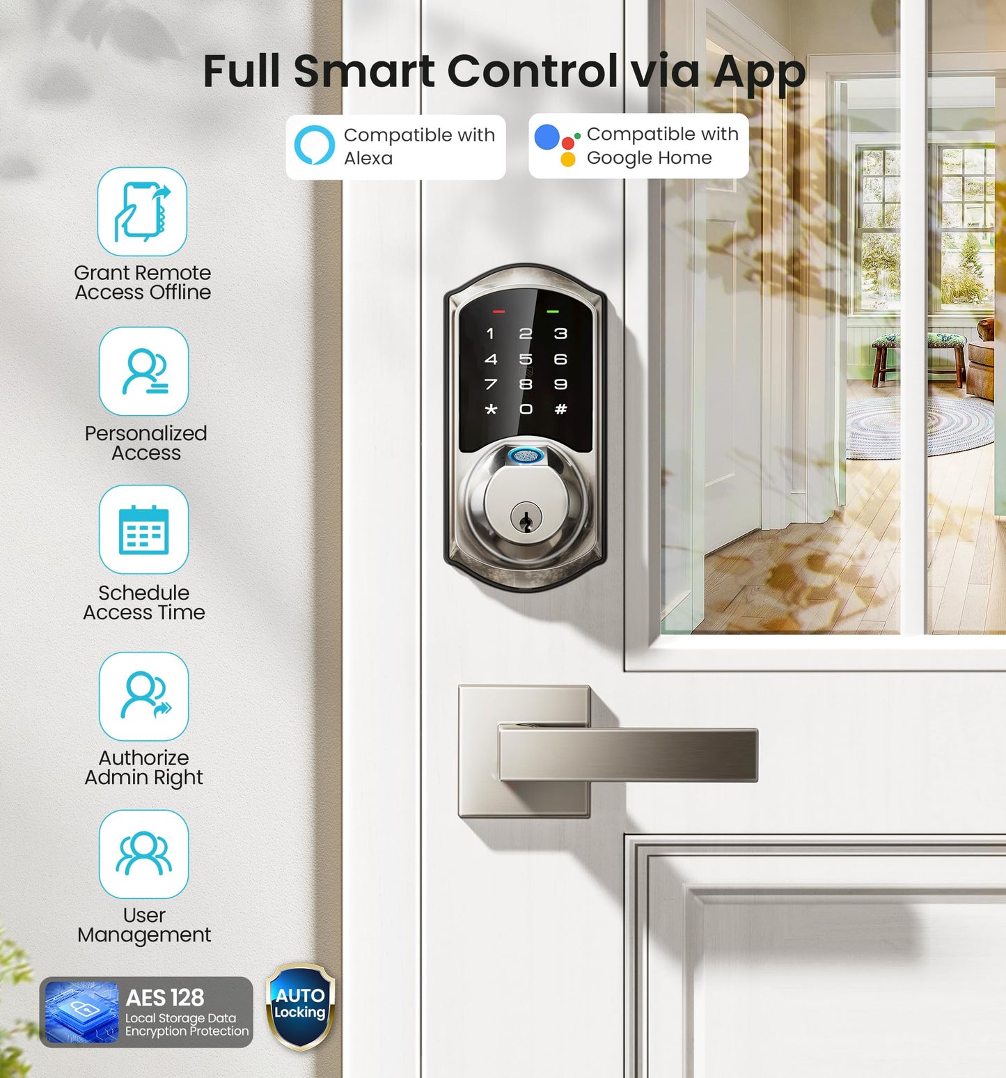 Veise VE07-L Fingerprint Smart Locks for Front Door with Zinc Alloy Handle Set, App Control, Keyless Entry, Electronic Digital Keypad Deadbolt, Auto Lock, Waterproof, Easy to Install, Matte Black