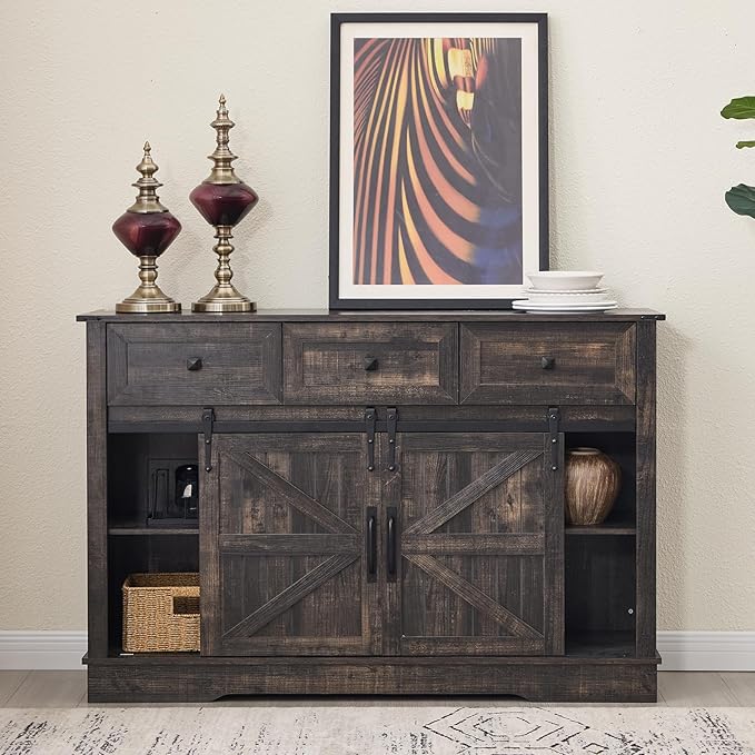 Kmax Farmhouse Wine Bar Cabinet w, 54” Buffet Cabinet with Storage, Rustic White Coffee Bar Cabinet with Sliding Barn Doors, Wine/Glass Rack for Living, Dining Room, Black