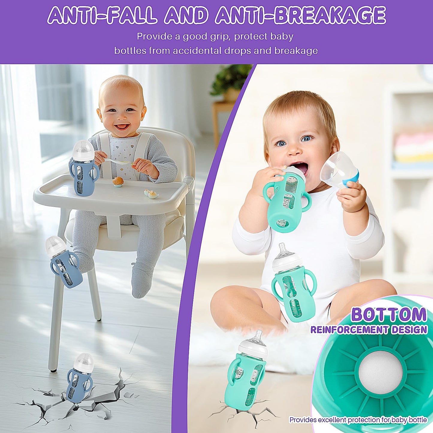 Desing Wish 4 Pack 8oz Silicone Sleeves with Handles for Avent Glass Natural Baby Bottles, Anti Breakage Protective Sleeves Compatible with Philips Avent Glass Baby Bottle 8 oz - Standard