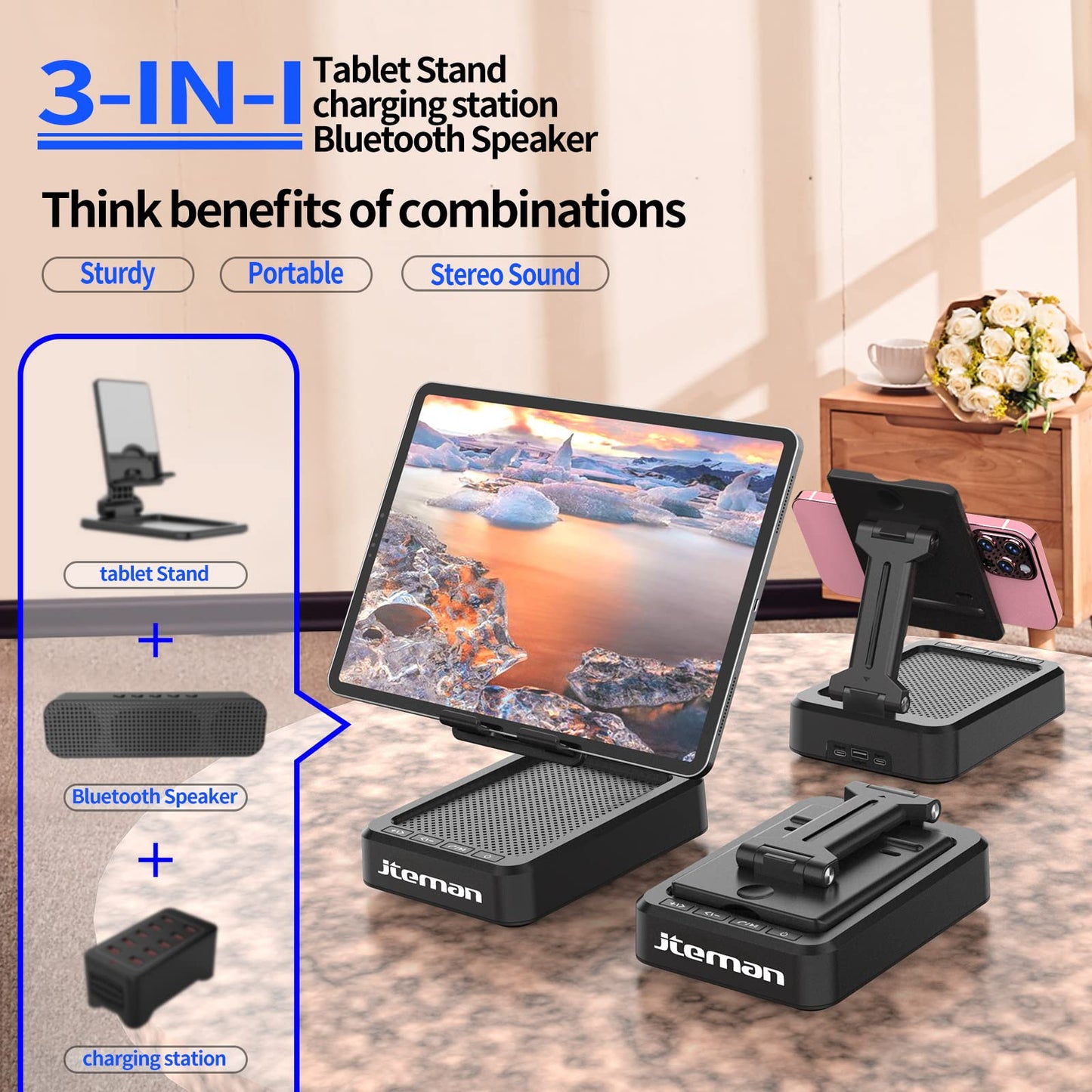 Jteman Tablet Stand Adjustable With Bluetooth Speakers,Kitchen Gadgets,Gifts For Women Men,Wireless Bluetooth Speaker Tablet Hol