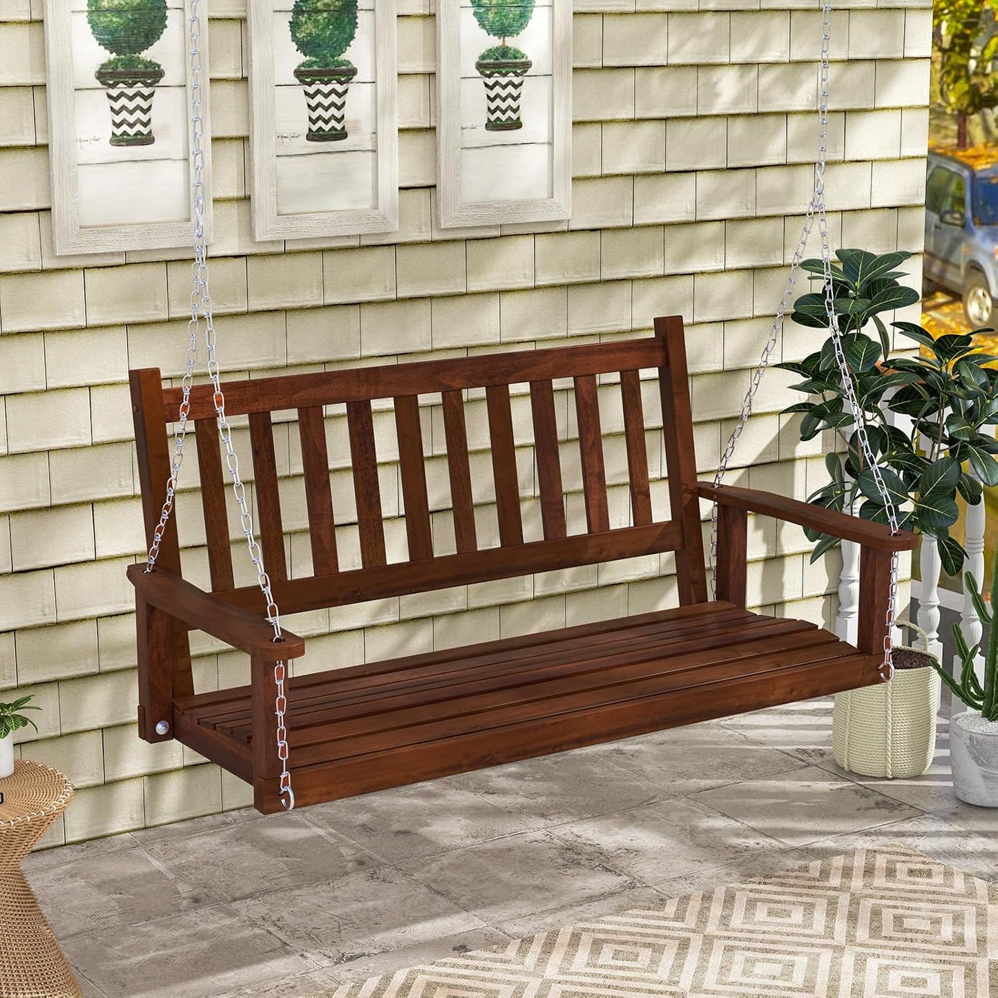HAPPYGRILL 3-Person Wooden Outdoor Porch Swing, Heavy Duty Patio Hanging Bench Chair with 800 LBS Weight Capacity, 5.6 FT Adjustable Upper Chains, Slatted Back, Swing Bench for Garden, Backyard