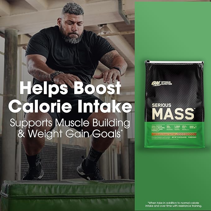 Optimum Nutrition Serious Mass, Weight Gainer Protein Powder, Mass Gainer, Vitamin C and Zinc for Immune Support, Creatine, Chocolate Peanut Butter, 12 Pound (Packaging May Vary)