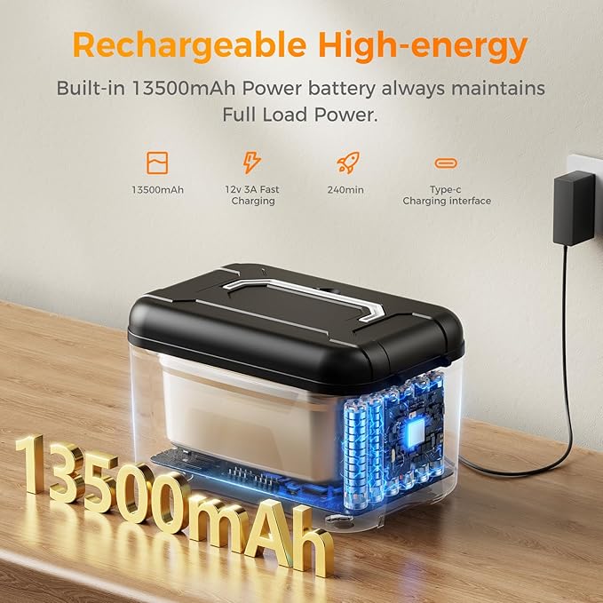 Cordless Heated Lunch Box for Adults, 1.5L (6 Cups) Portable Electric Lunch Box Battery Powered with Scheduled Heating, (All-round Heated) Rechargeable Food Warmer with Insulated Bag, Black