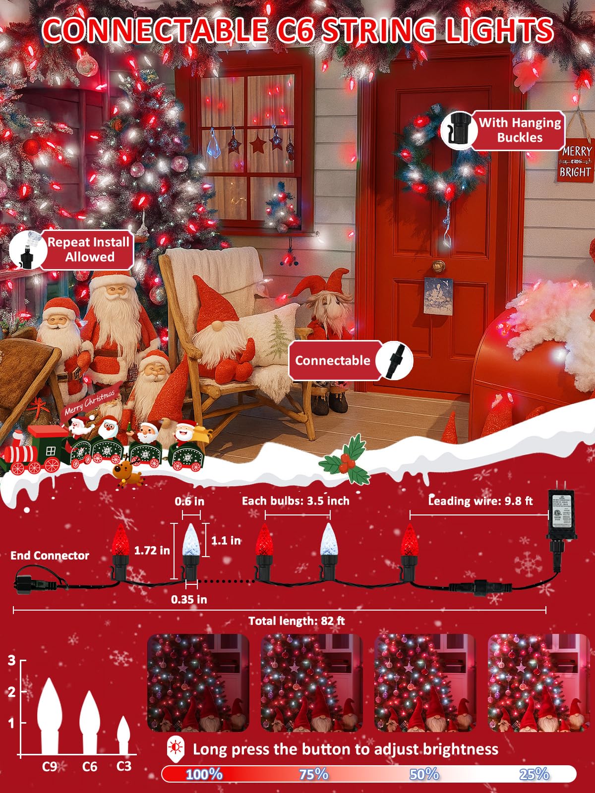 Upgraded 250 Led C6 Connectable Christmas String Lights Red And White  82Ft Waterproof Christmas Twinkle Light Outdoor  Plug In Fairy Lights Indoor With 13 Modes & Timer For Christmas Tree Decorations