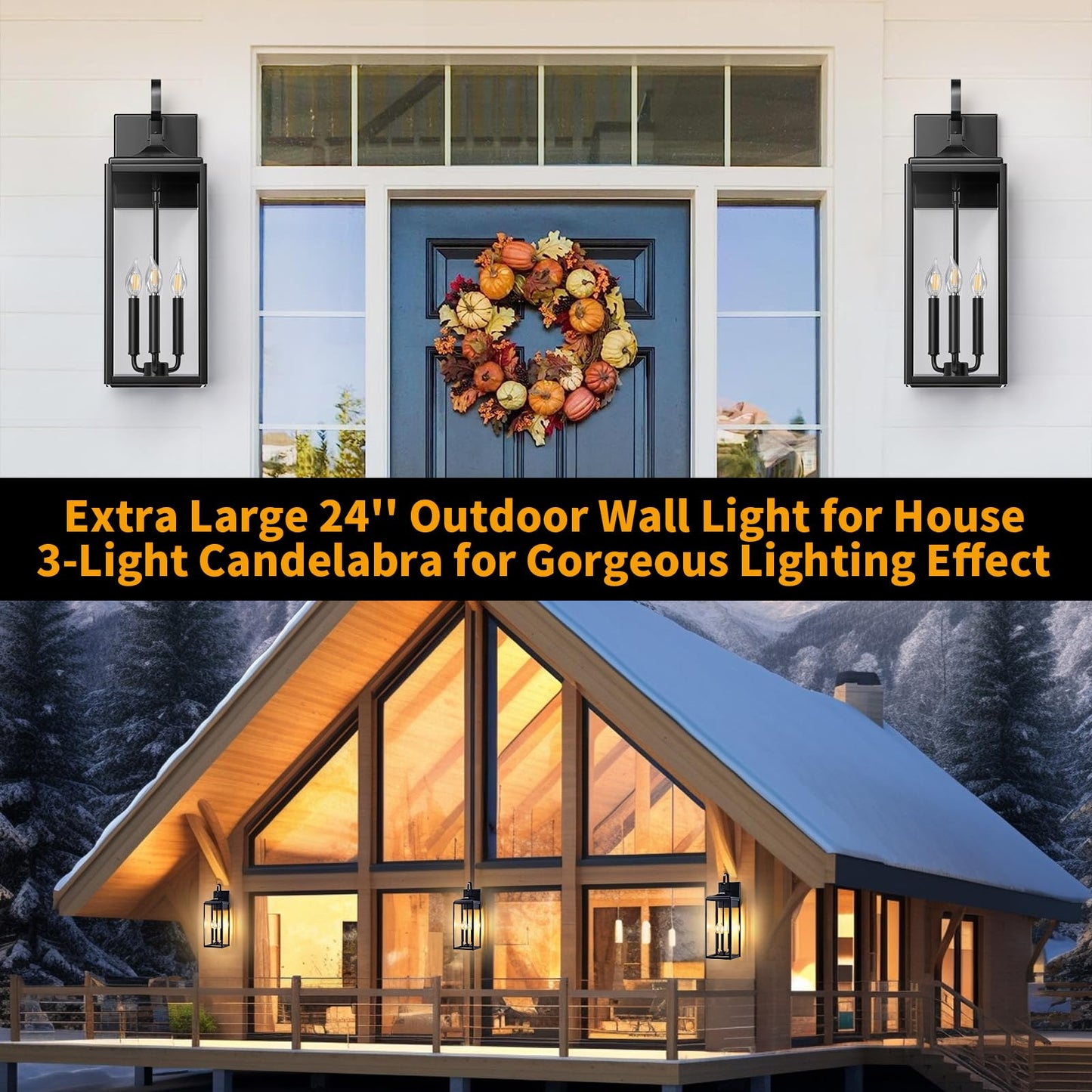 24 Extra Large Outdoor Wall Light 2 Packs  Black Exterior Lighting Fixtures Outdoor Porch Lantern Wall Mounted  Waterproof Modern Outside Wall Sconce  E12 3-Light Coach Lamp For House Patio Garage