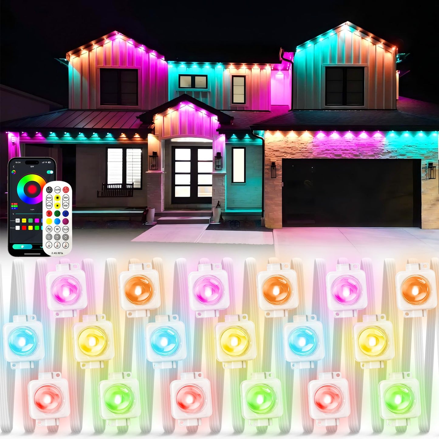 PIYOOPDR Smart RGB-IC Eave Lights, 150FT, Waterproof, 90LED, 4000K White & Multicolor, Model JG-001W-10