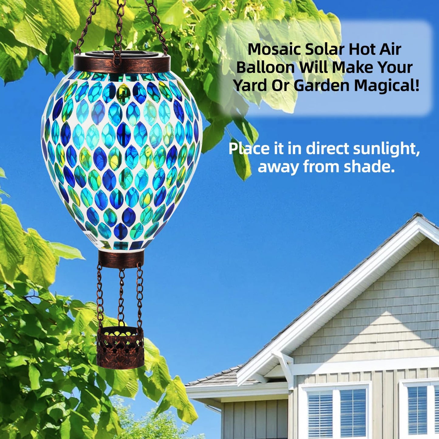 Voreen Hot Air Balloon Solar Lantern  Handmade Mosaic Solar Outdoor Hanging Wind Light  Waterproof  Patio Festive Decor  Gift For Mom Wife Friend  Blue