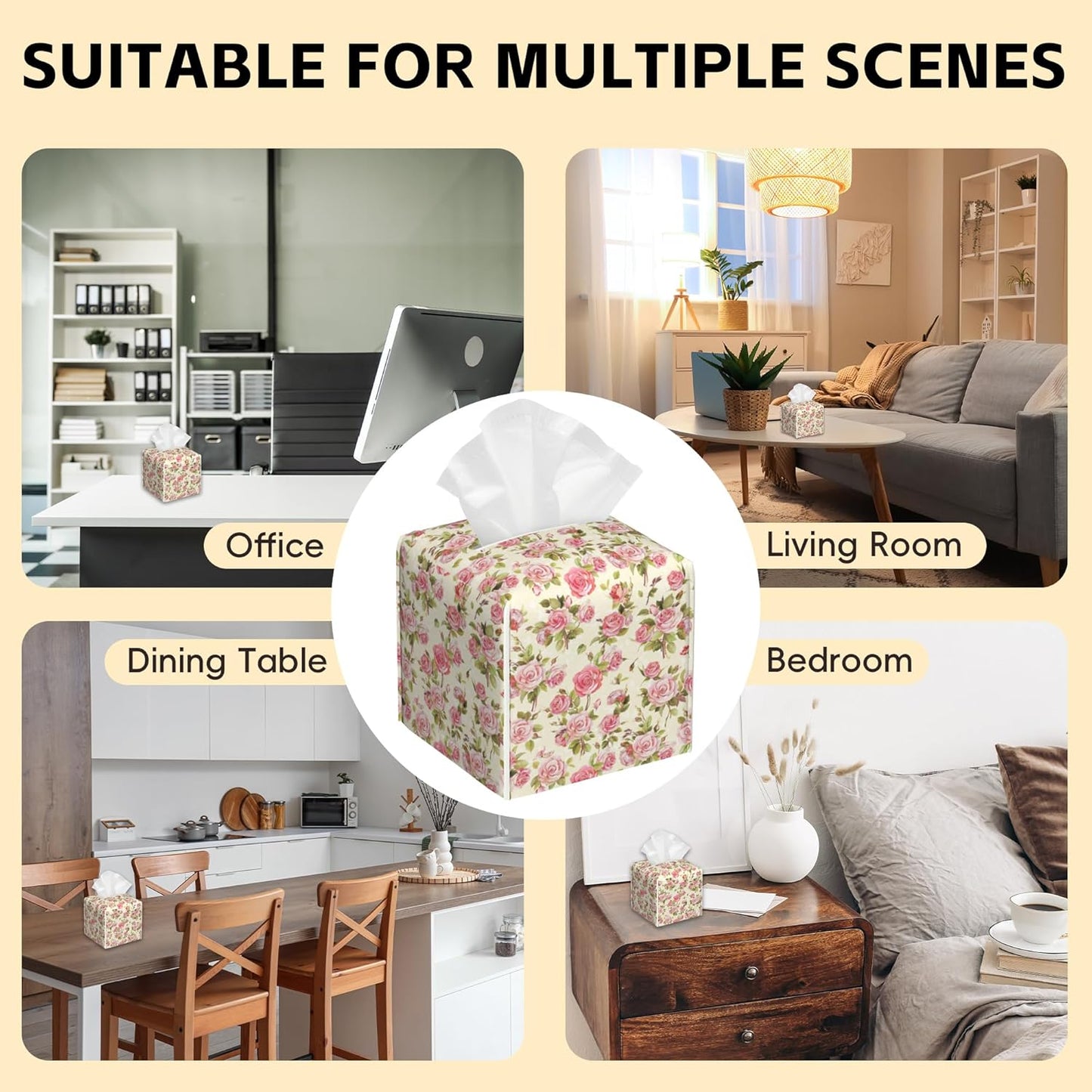 Tissue Box Cover Square,Watercolor Pink Roses Tissue Box Holder Waterproof Leather Facial Paper Case Modern Home Decoration for Bedroom Dresser Night Stand Office Desk