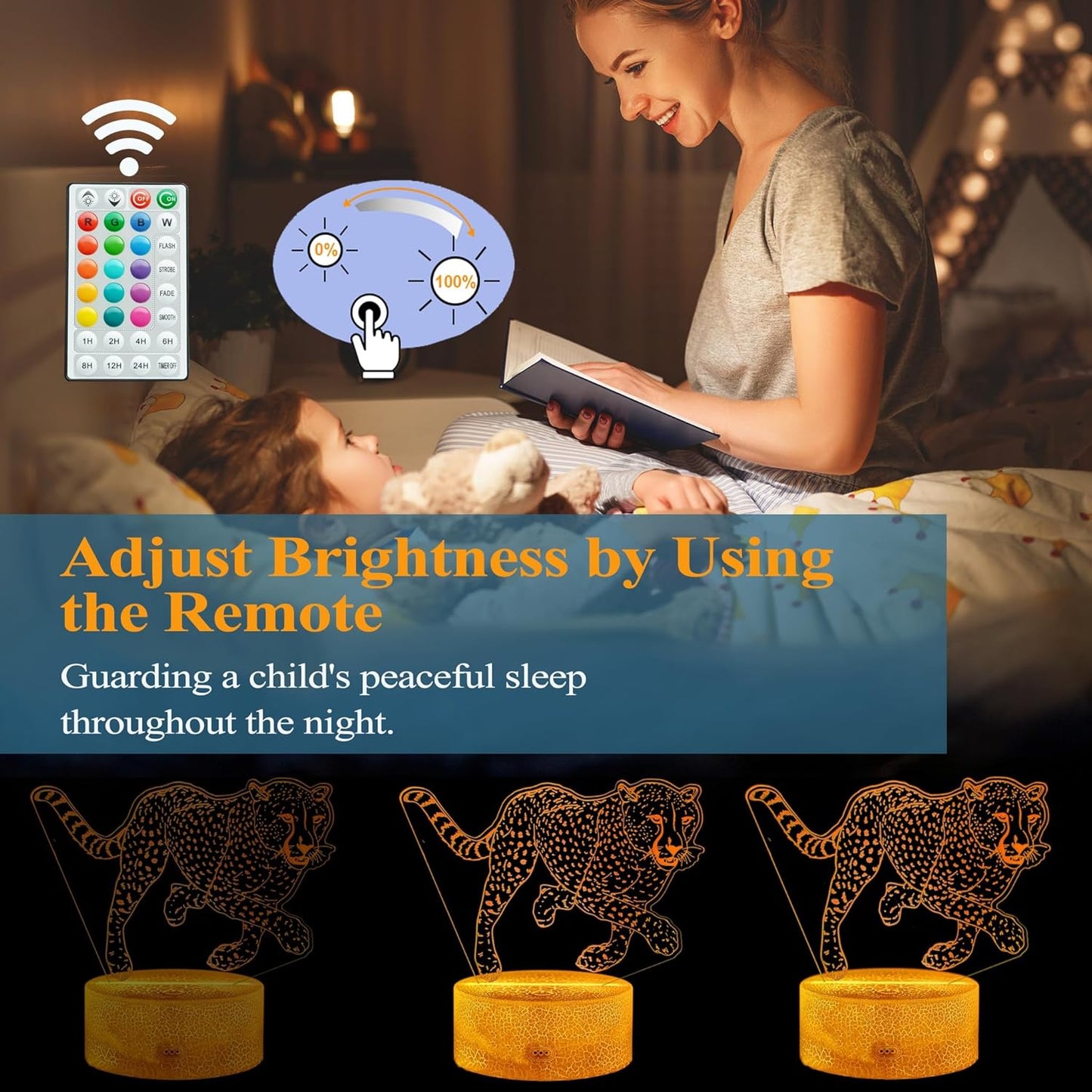 Cheetah Night Light, Cheetah Lamp, Cheetah Gifts 3D Illusion Lamp with 16 Colors Changing, Timer, 4 Flash Modes and Dimmable, Kids Boys Girls Room Decoration, Holiday Xmas Gifts