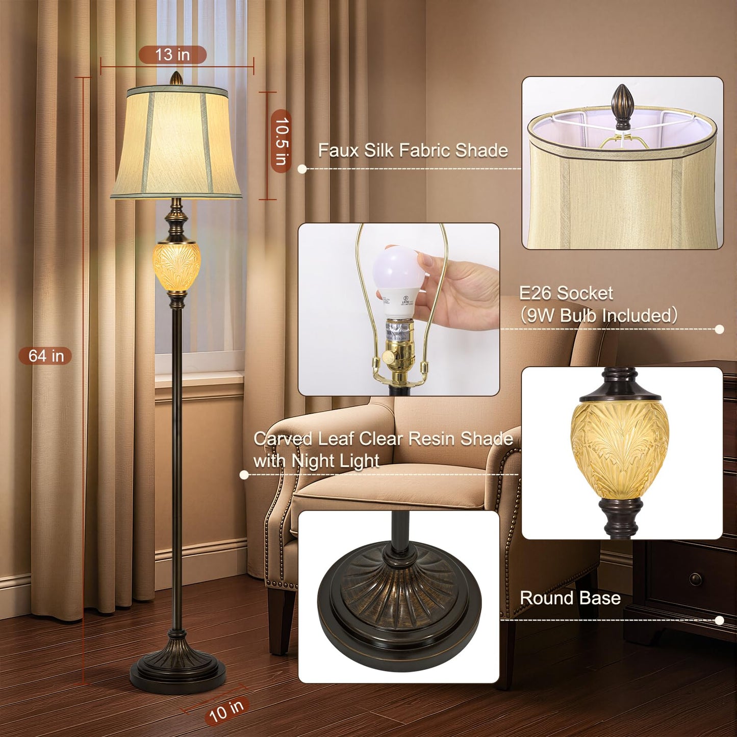 LuxSight Vintage Floor Lamp, 64in Tall, Dark Bronze, Beige Faux Silk Shade, Rotary Switch, Model PL8018-FLNO