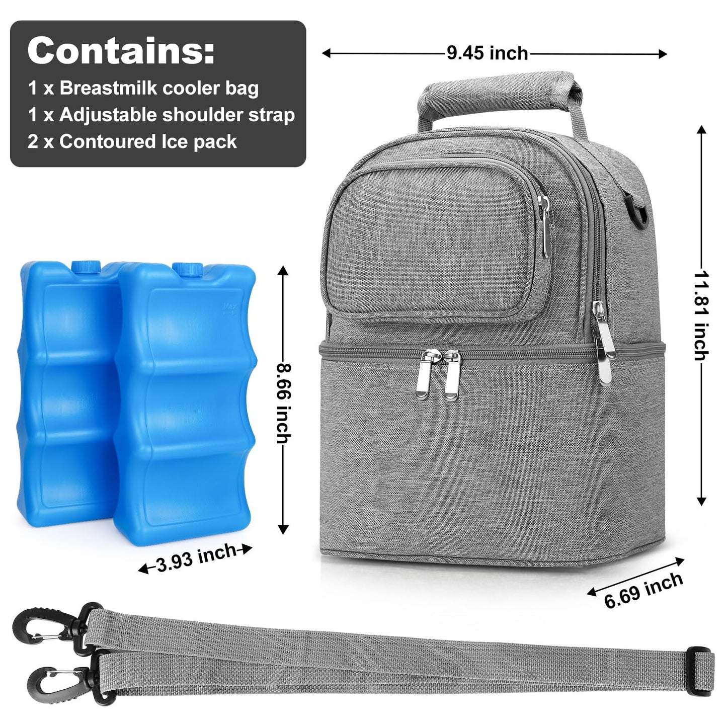 Breastmilk Cooler Bag with Ice Pack, Double Deck Breast Milk Storage for Breastfeeding, Nursing, Daycare, Insulated Lunch Bag with Strap