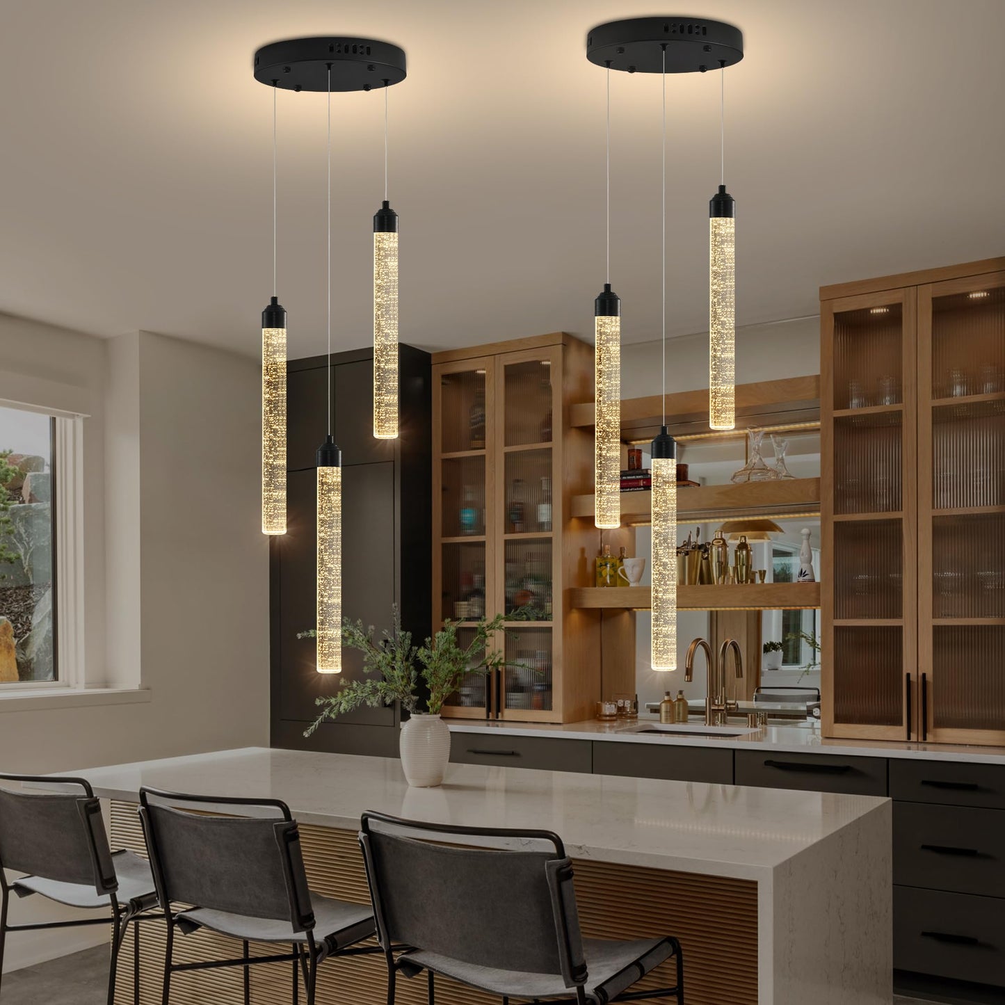 Ywuechwu 3-Light Modern Dimmable Led Crystal Chandelier - Black Mini Pendant Lighting With Spiral Raindrop/Bubble Cluster Pendant For Kitchen Island  Dining Room  Living Room  Foyer