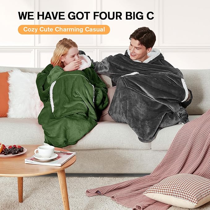 yescool Wearable Blanket Hoodie, Flannel Sherpa Fleece Blanket Sweatshirt for Adults Women Men,One Size Fits All