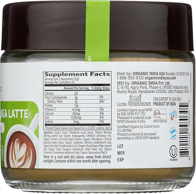 Organic India Chocolate Moringa Latte Powder - Superfood Mix, Moringa Leaf Tea, With Ashwagandha and Turmeric, Dietary Supplement, Stress Support, Rich Cocoa, Caffeine Free - 3.52 Oz