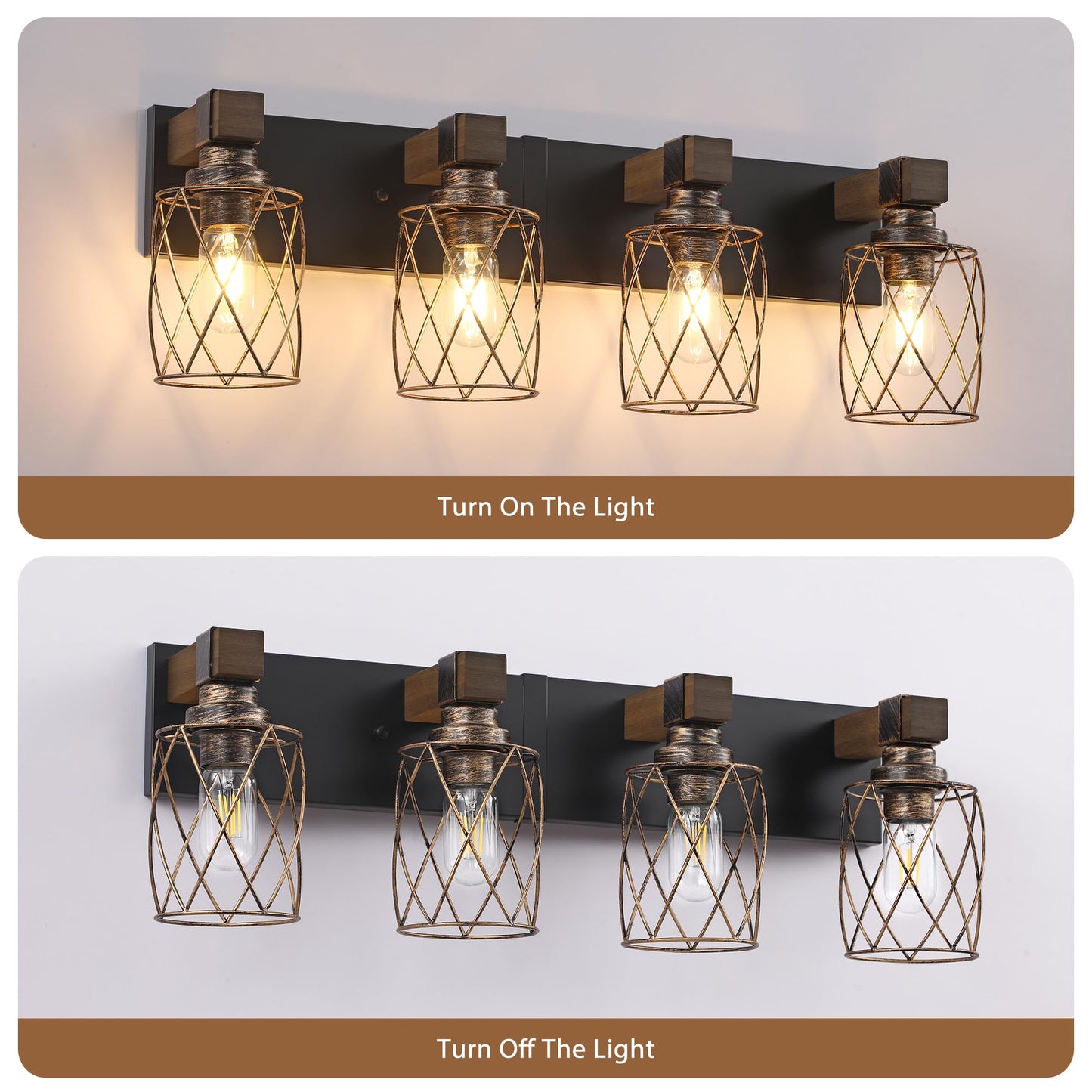 Farmhouse Bathroom Vanity Light  4-Light Wood Bathroom Light Fixtures Over Mirror  Black And Gold Industrial Vanity Lights With Metal Shade  Rustic Bathrooms Lighting For Living Room Bedroom Hallway